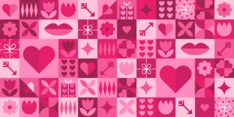 Fotobehang Geometric Valentine's day seamless pattern with simple shapes. Romantic vector background. Love and hearts. Modern abstract concept for print, banner, fabric, card, wrapping paper, cover. © Anna Bova