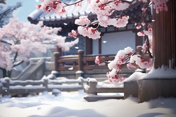 This artwork showcases several plum blossoms blooming in the corner of a courtyard