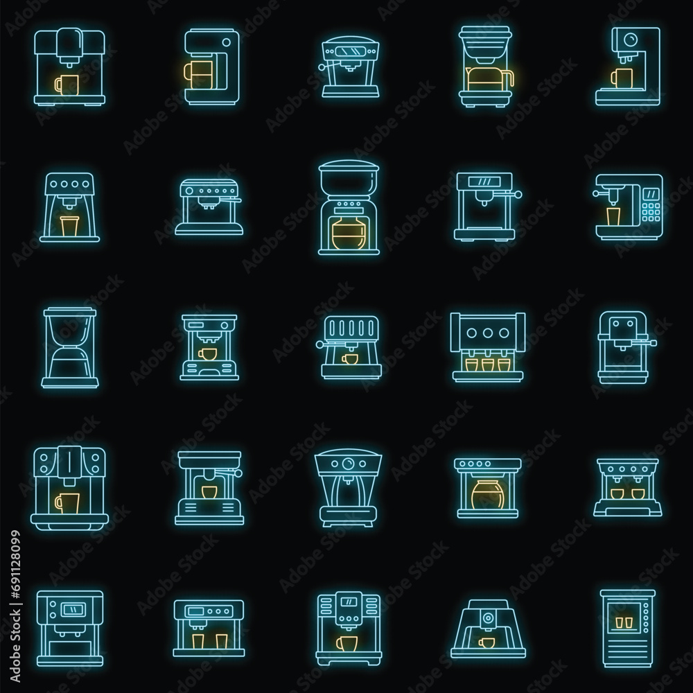 Poster automatic coffee machine icons set. outline set of automatic coffee machine vector icons neon color 