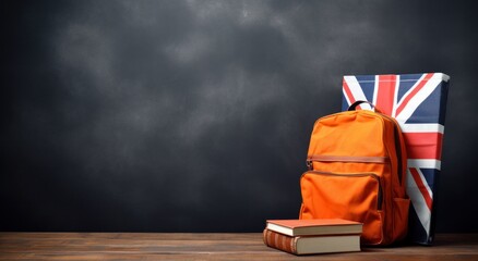 an orange backpack sitting on a table with book and Union flag on it - obrazy, fototapety, plakaty