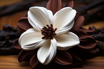 an unscented, white vanilla flower on a wooden surface