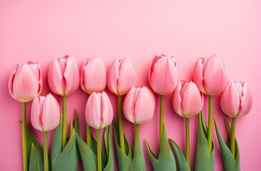 spring arrives, bouquet of pink tulips on a pink background at the bottom, monochrome