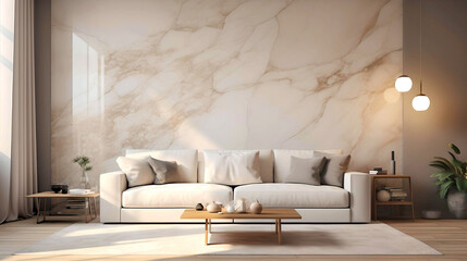 Abstract marble stone paneling wall in room with white sofa