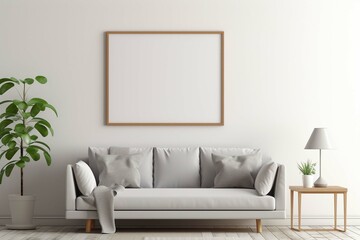 Blank picture frame mockup on gray wall. White living room design. View of modern Scandinavian style interior with artwork mock up on wall. 