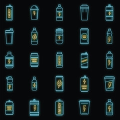 Boost energetic drink icons set. Outline set of boost energetic drink vector icons neon color on black