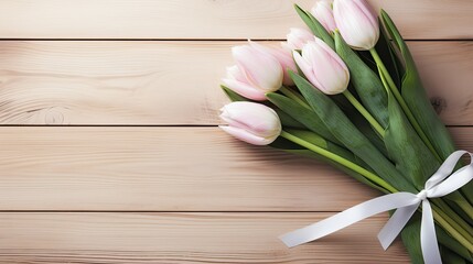 fresh delicate pink tulips with a ribbon on a light, wooden background with space for text. Congratulations on Valentine's Day, Women's Day or Mother's Day.