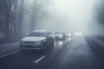 Cars in the fog. Bad winter weather and dangerous automobile traffic on the road. Light vehicles in foggy day. - obrazy, fototapety, plakaty