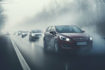 Fototapeta na wymiar Cars in the fog. Bad winter weather and dangerous automobile traffic on the road. Light vehicles in foggy day.