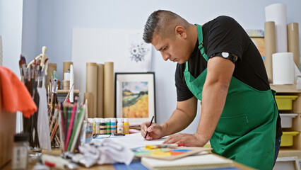 Handsome young latin artist engrossed in his drawing lesson indoors at art studio, standing at desk...