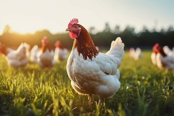 Chicken farming and agriculture on grass field or outdoor for free range eating organic - Powered by Adobe