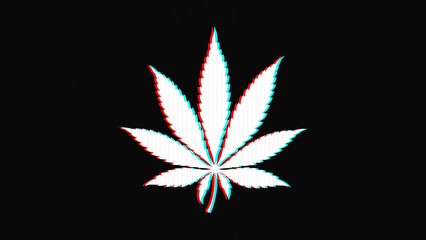 Cannabis leaf glytch wallpapers banner. Graphic hi-tech silhouette drawing on dark background. Marihuana sativa indica icon symbol design template blank.
