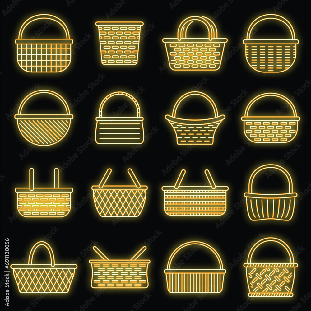 Poster picnic wicker icons set. outline set of picnic wicker vector icons neon color on black