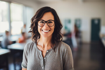 Smiling elementary school teacher standing in a classroom, school teacher lecturer in classroom or educational setting background, with blurred learning students on background