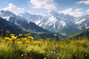 Fototapeta na wymiar Mountain Range With Wildflowers In The Foreground