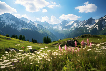 Fototapeta na wymiar Mountain Range With Wildflowers In The Foreground