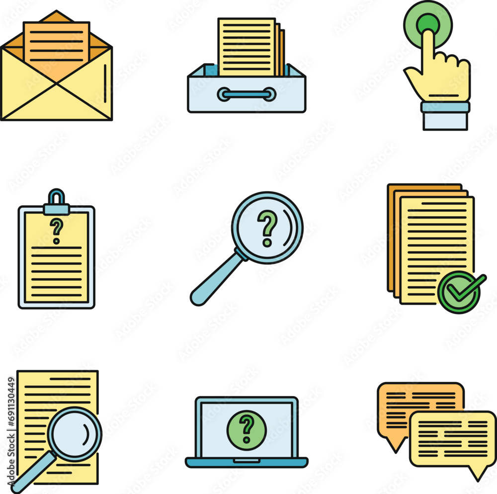 Poster request online form icons set. outline set of request online form vector icons thin line color flat 