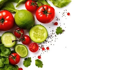 A selection of fresh tomatoes, cucumbers, and lettuce with parsley leaves on a white background - obrazy, fototapety, plakaty