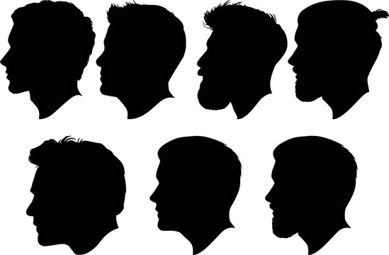 Vector Men head with hairstyle. Male avatar profile sign, face silhouette logo, black Illustration in various themes. Hand drawn collection.