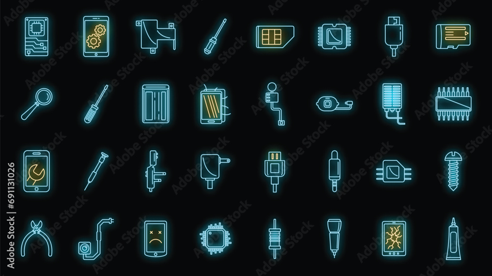 Wall mural mobile phone maintenance icons set. outline set of mobile phone maintenance vector icons neon color 