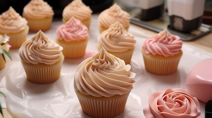 Pumpkin spice cupcakes with icing on white table created with Generative Ai