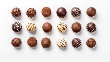 An assortment of fine chocolates in different shapes and decorations on a white background
