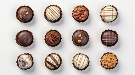 An assortment of fine chocolates in different shapes and decorations on a white background