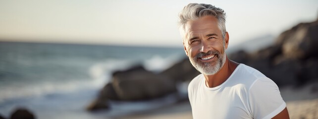 Dashing Smiling Mature Man Enjoying Beach Serenity. A Perfect Getaway. Generative AI - obrazy, fototapety, plakaty