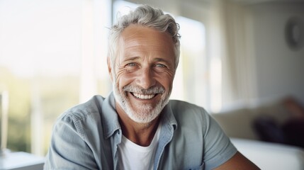 Happy Senior Man Smiling At Home. Image With Copy Space. Generative AI
