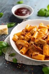 Gochujang Pasta with chicken, sun dried tomatoes and pecorino cheese.