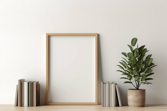 Small vertical wooden frame mockup in scandi style interior with trailing green plant in pot, pile of books and shelf on empty neutral white wall background.