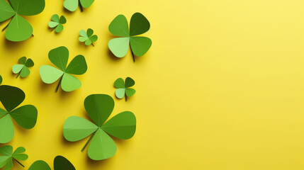 green paper clover on a yellow background, shamrock, symbol, st. patrick's day, luck, nature, plant, national irish holiday, spring, march 17, flower, tradition, religious - obrazy, fototapety, plakaty
