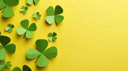 Poster green paper clover on a yellow background, shamrock, symbol, st. patrick's day, luck, nature, plant, national irish holiday, spring, march 17, flower, tradition, religious © Julia Zarubina