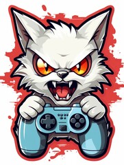 Cartoon sticker evil gamer kitten with game joystick, AI