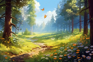 Summer forest glade with flowering grass and butterflies on a sunny day;