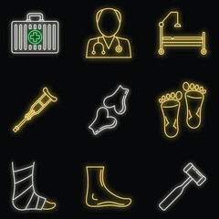 Podiatrist care icons set. Outline set of podiatrist care vector icons neon color on black