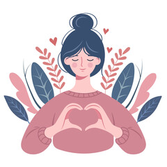 International Women's Day. Vector illustration. A woman makes a heart with her hands. InspireInclusion