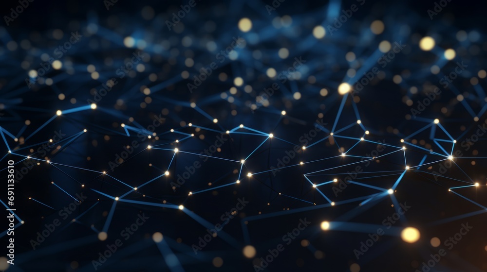 Poster futuristic data network: abstract 3d rendering of connecting dots and lines on dark background - tec