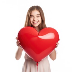 Lovely child teen girl with shape heart balloon, love holiday and valentine symbol. Valentine or...