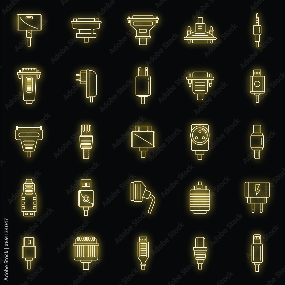 Poster adapter connector icons set. outline set of adapter connector vector icons neon color on black