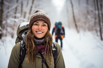 Fototapeta na wymiar Solo portrait of a woman joyfully through a snowy forest, serene winter escape
