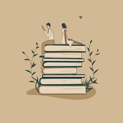 Concept: book is source of knowledge.At tiny African woman with funny boyfriend sitting on stack of books.Volumes with plants as symbol of education.For library or bookstore.Hand-drawn vector