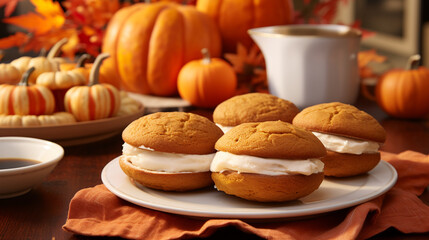 Fototapeta premium Pumpkin whoopie pies, fall season baking created with Generative Ai