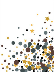 Gold, blue, brown, black confetti with circles and stars. Cosmic shine. Christmas abstract pattern. Beautiful illustration for postcard, banner, web. Background for the image. Vector illustration