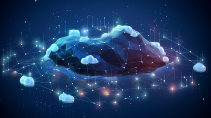 cloud data transfer: futuristic technology with central cloud icon, internal connections, and global network on abstract world map polygon in dark blue - 3d render - obrazy, fototapety, plakaty