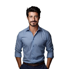 Obraz premium Half length portrait of handsome man wearing blue shirt isolated on transparent background