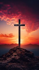 Drawn illustration, Christian cross on the top of a mountain, dramatic sky at dusk.