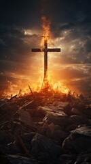 Christian cross burning in fire in the top of a mountain - obrazy, fototapety, plakaty