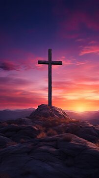 Drawn illustration, Christian cross on the top of a mountain, dramatic sky at dusk.