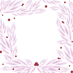Fototapeta na wymiar Hand drawn watercolor valentine frame border with leaves isolated on white background. Can be used for cards, label, banner and other printed products.