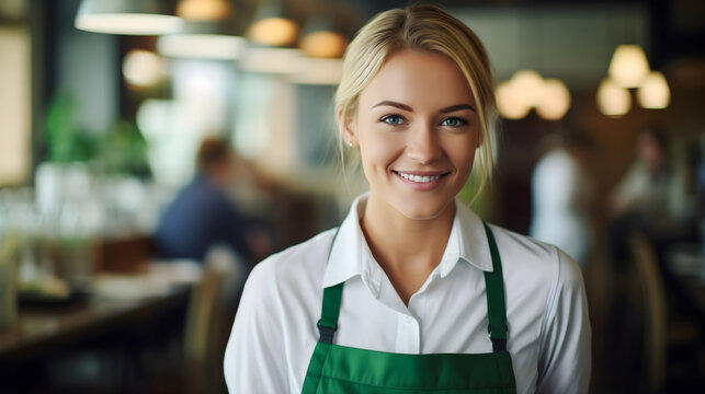 A beautiful young waitress with blonde hair smiling and looking at the camera, the coffee shop interior blurred in the background. Cafeteria staff service, female catering employee - Powered by Adobe